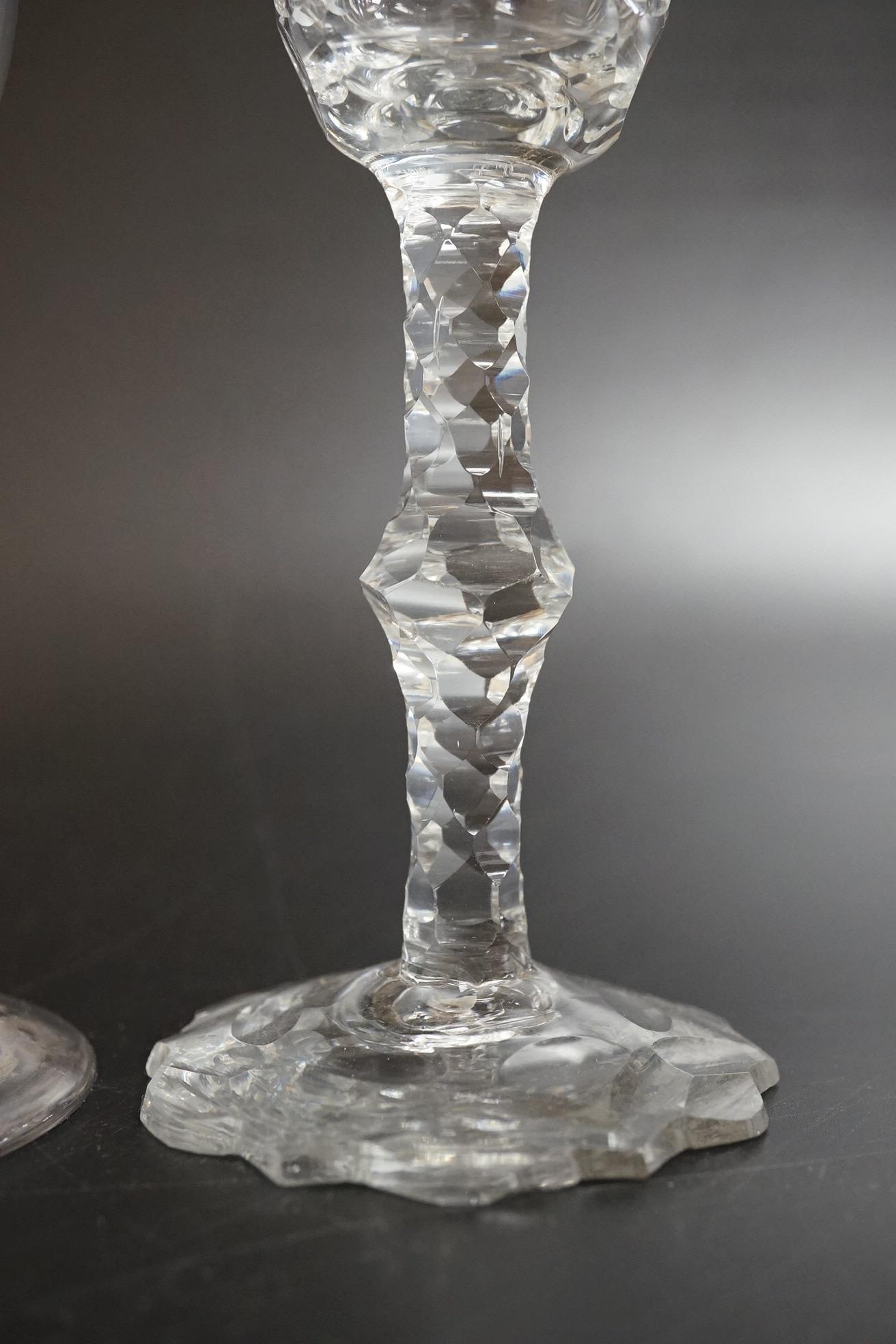 Two faceted wine glasses, c.1775, one with faceted star cut foot, tallest 15cm